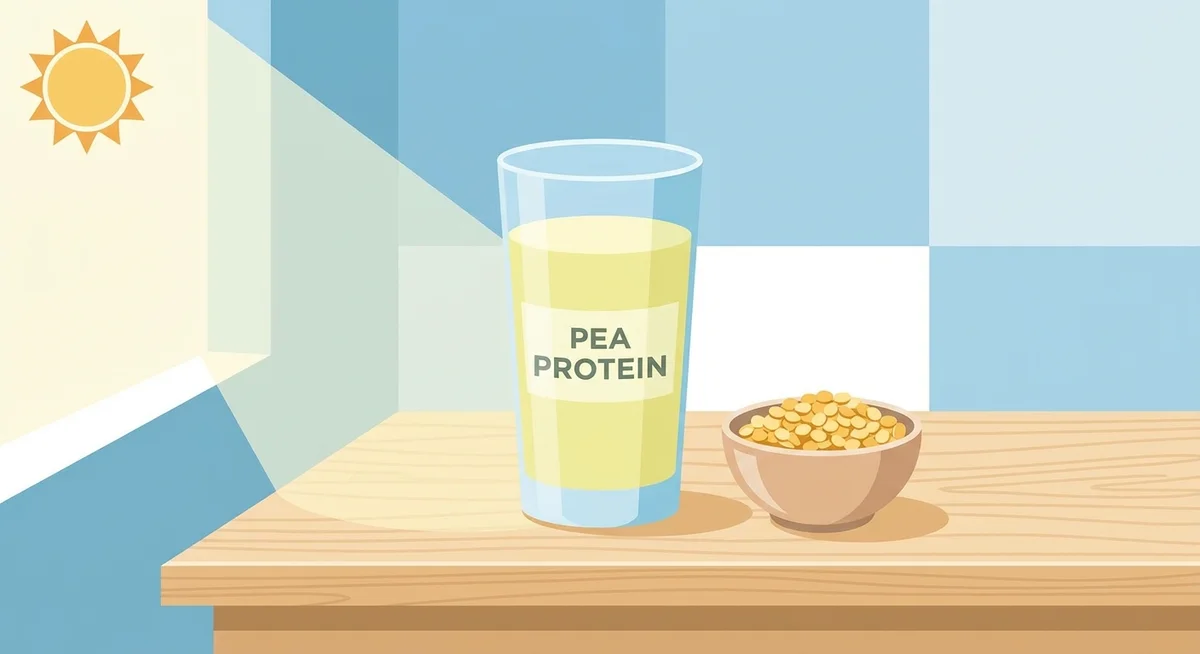 Glass of pea protein shake next to a bowl of yellow split peas