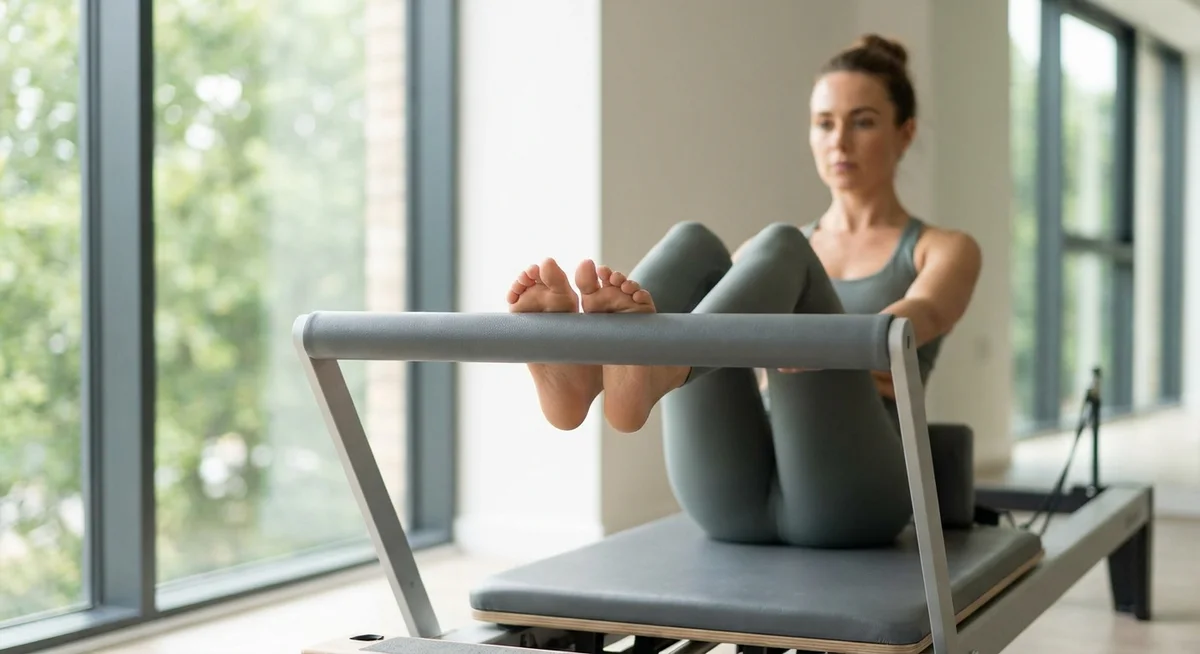 Woman performing a controlled exercise on a Pilates reformer machine in a bright studio