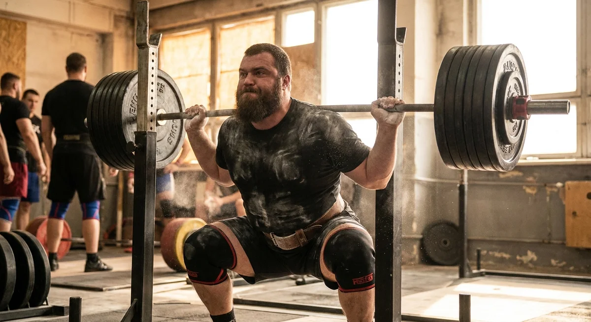 Powerlifter hitting depth on a loaded back squat in a powerlifting gym