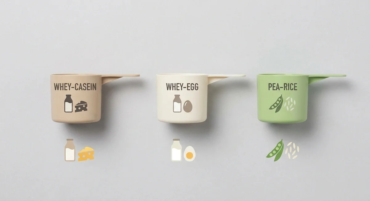 Three common protein blend types: whey-casein, whey-egg, and pea-rice plant blend