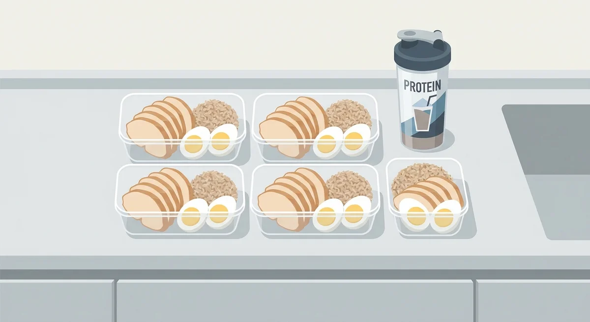 Bulking meal prep with chicken, rice, eggs, and a protein shake