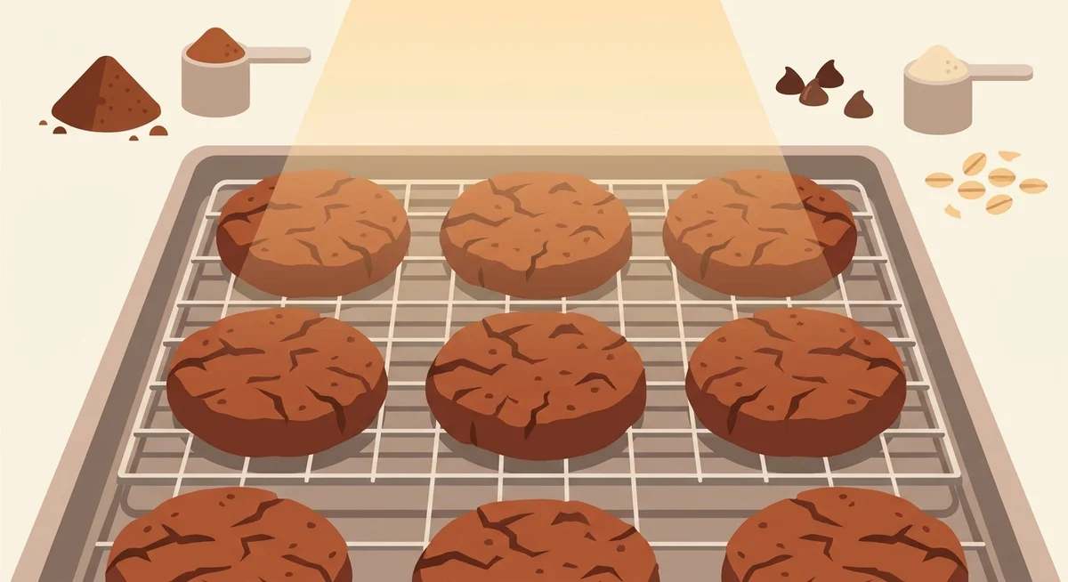 Thick chocolate protein cookies cooling on a wire rack after baking