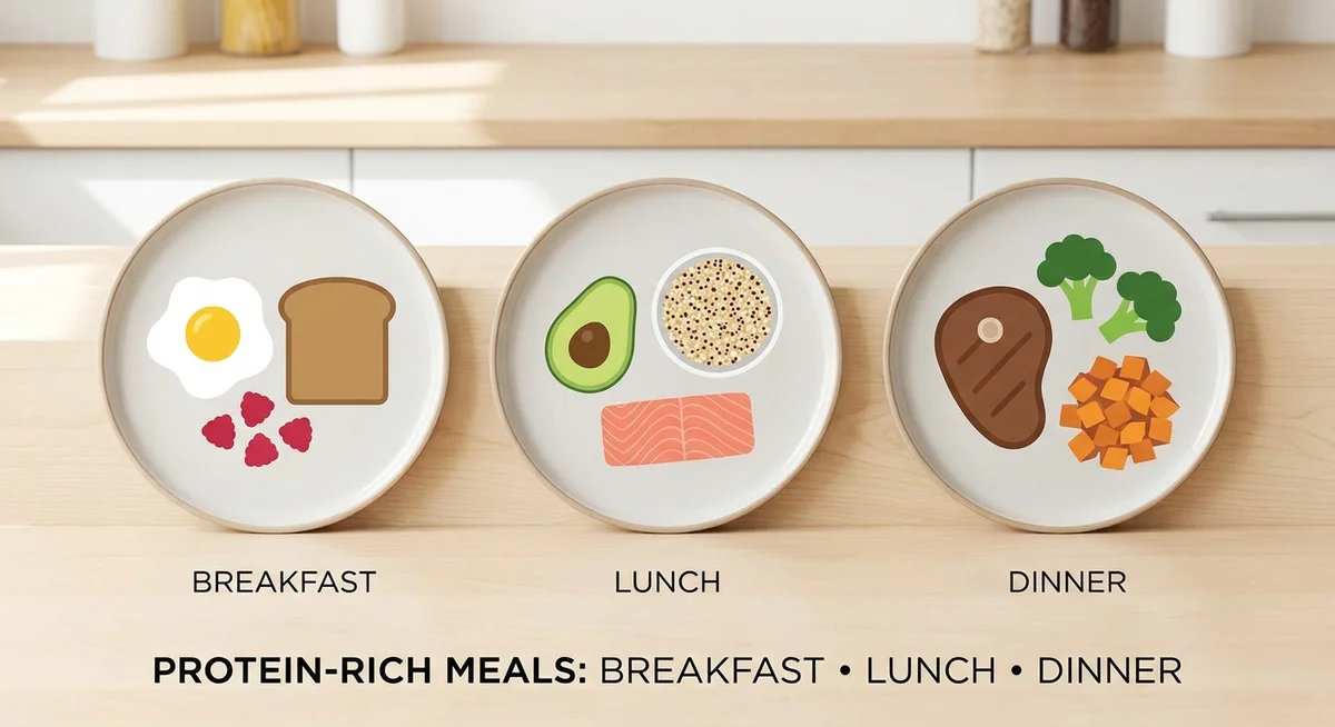 Three meals spread across a day showing how to distribute protein intake evenly