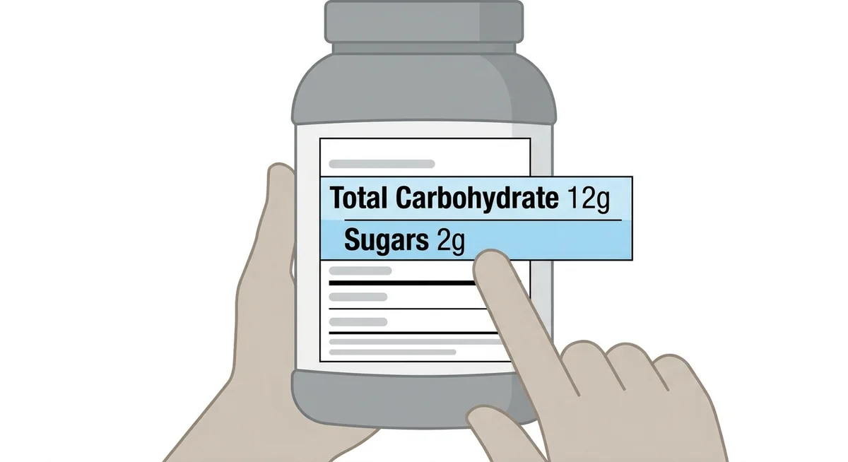 Person reading the nutrition label on a protein powder tub to check carbohydrate and sugar content
