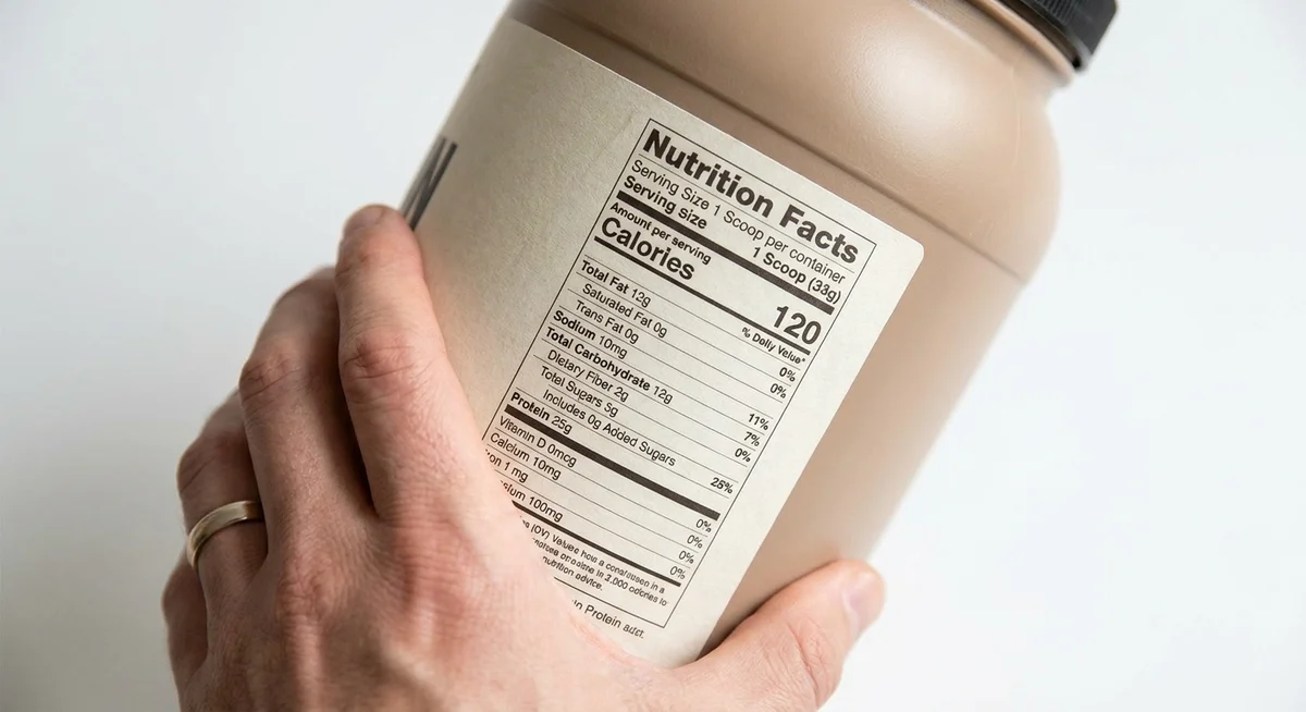 Protein powder nutrition label viewed up close on a container