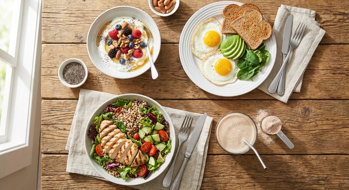 Four protein-rich meals spread across the day to support muscle protein synthesis during menopause