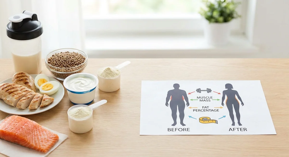 High protein foods and protein powder laid out with body composition comparison graphic