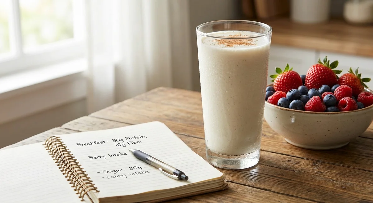 Protein shake with berries and nutrition notes for pregnancy planning