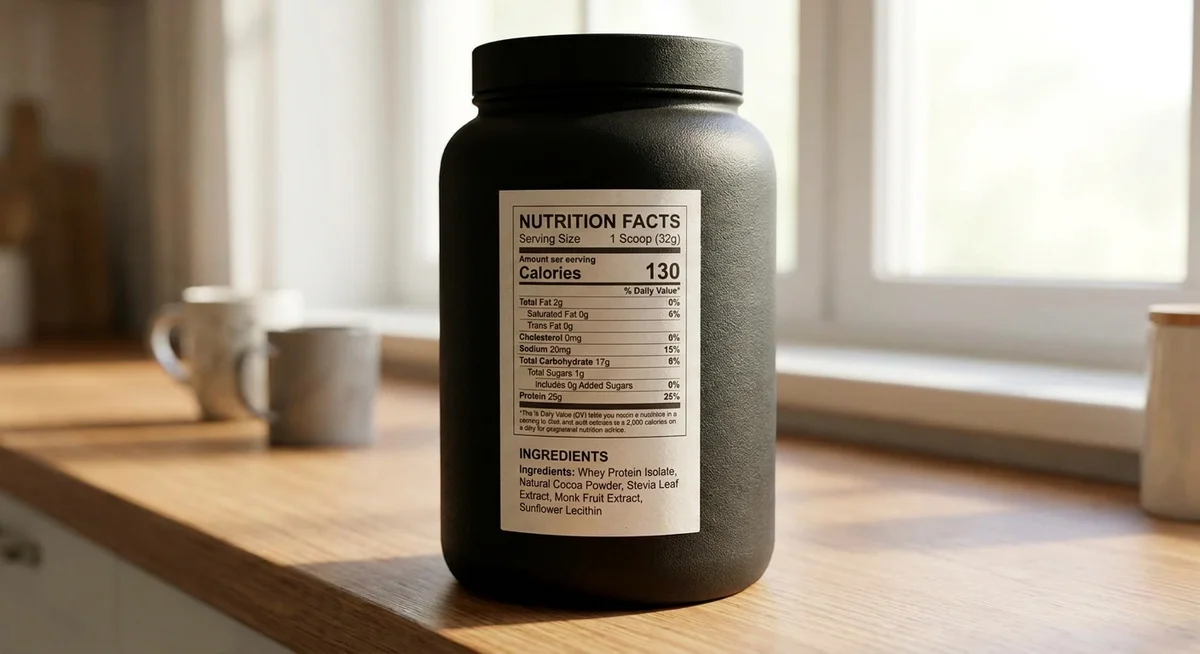 Close-up of a protein powder ingredient list showing additives and protein content