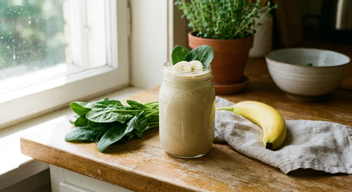 Vanilla protein smoothie made with banana and spinach, a practical meal for pregnant women struggling with food aversions