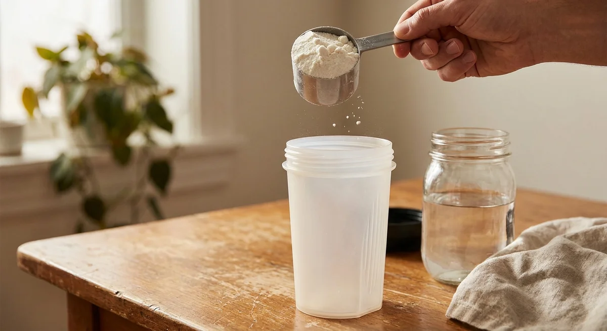 Measuring a scoop of protein powder at a desk workspace