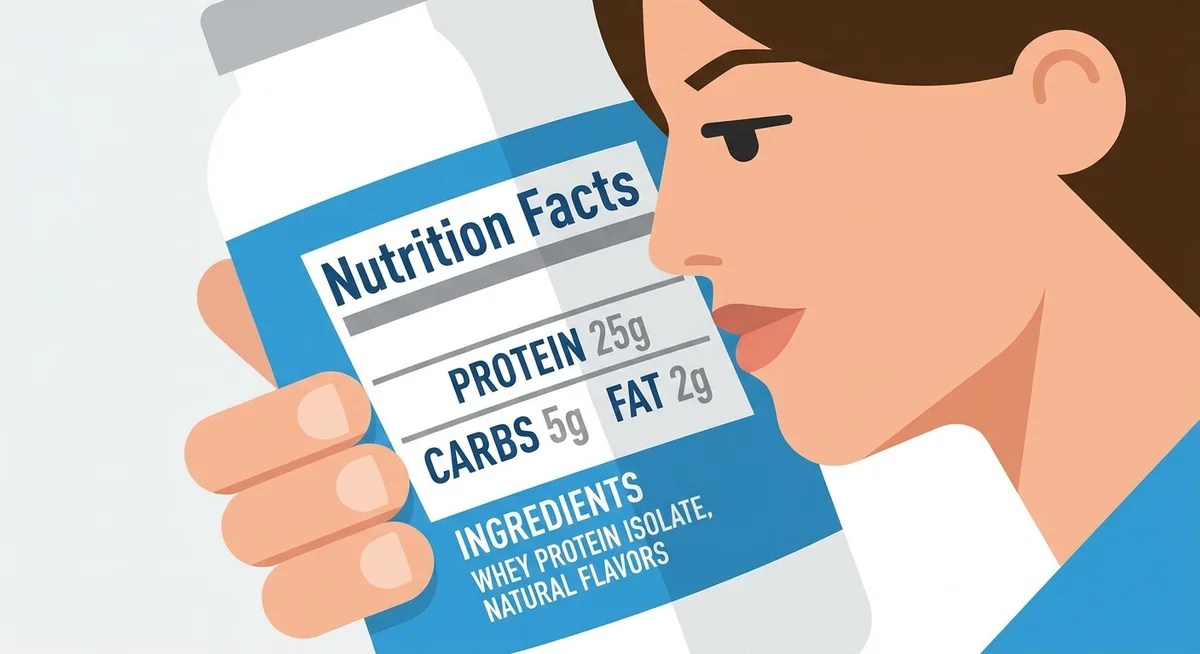 Woman reading a protein powder nutrition label to check ingredients and macros