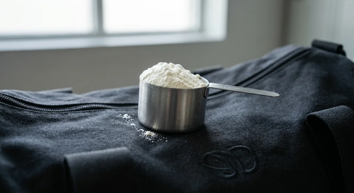 Metal scoop of white whey protein powder on a gym bag
