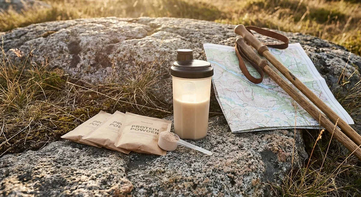 Protein powder sachets and a shaker bottle laid out on a rock beside hiking poles, ready for a trail day