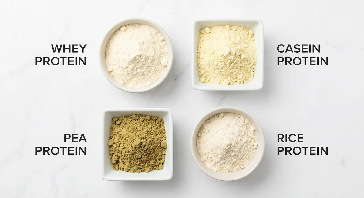 Four types of protein powder displayed side by side: whey, casein, pea, and rice protein