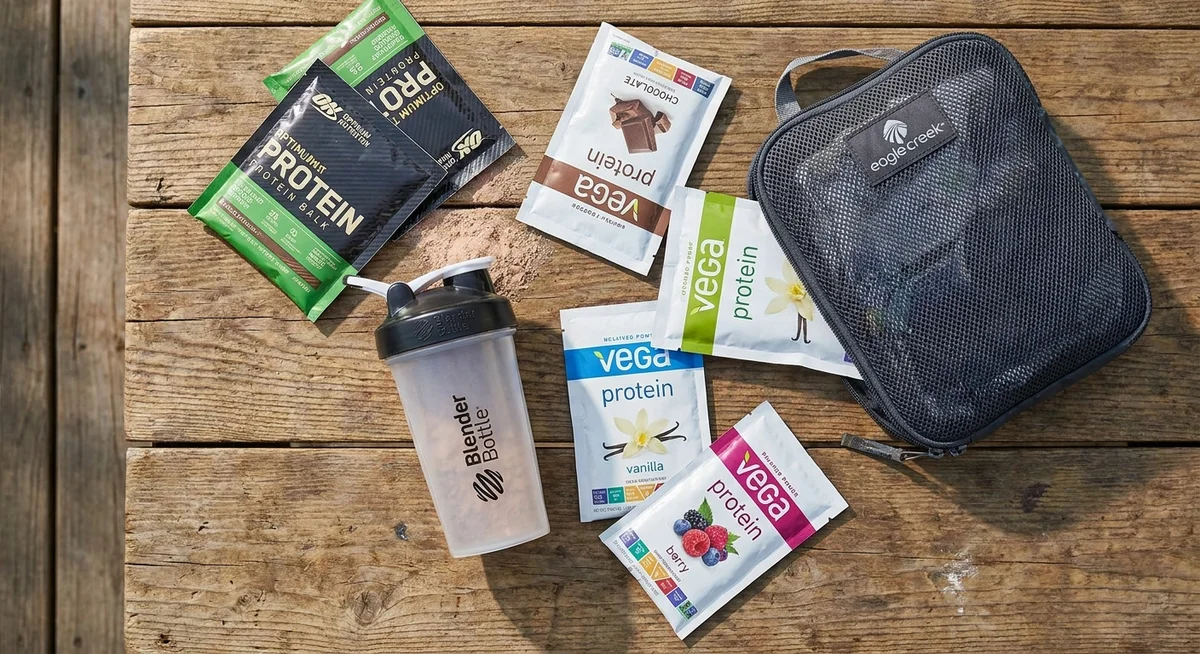 Individual protein powder sachets and a compact shaker bottle ready for travel packing