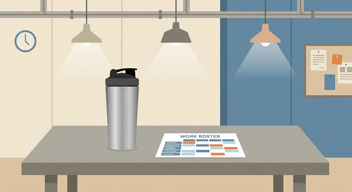Protein shaker on a break room table next to a work roster