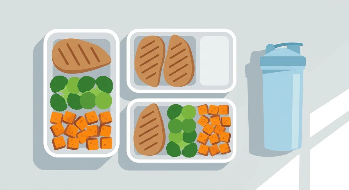 Meal prep containers with high-protein foods and a protein shake for a cutting phase