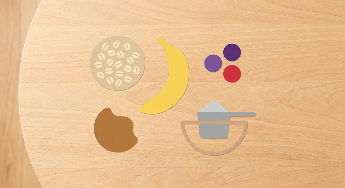 Smoothie ingredients including oats, banana, almond butter, berries, and protein powder laid out on a timber bench