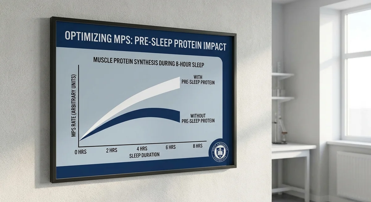 Graph showing how pre-sleep protein maintains muscle protein synthesis through the night compared to no protein
