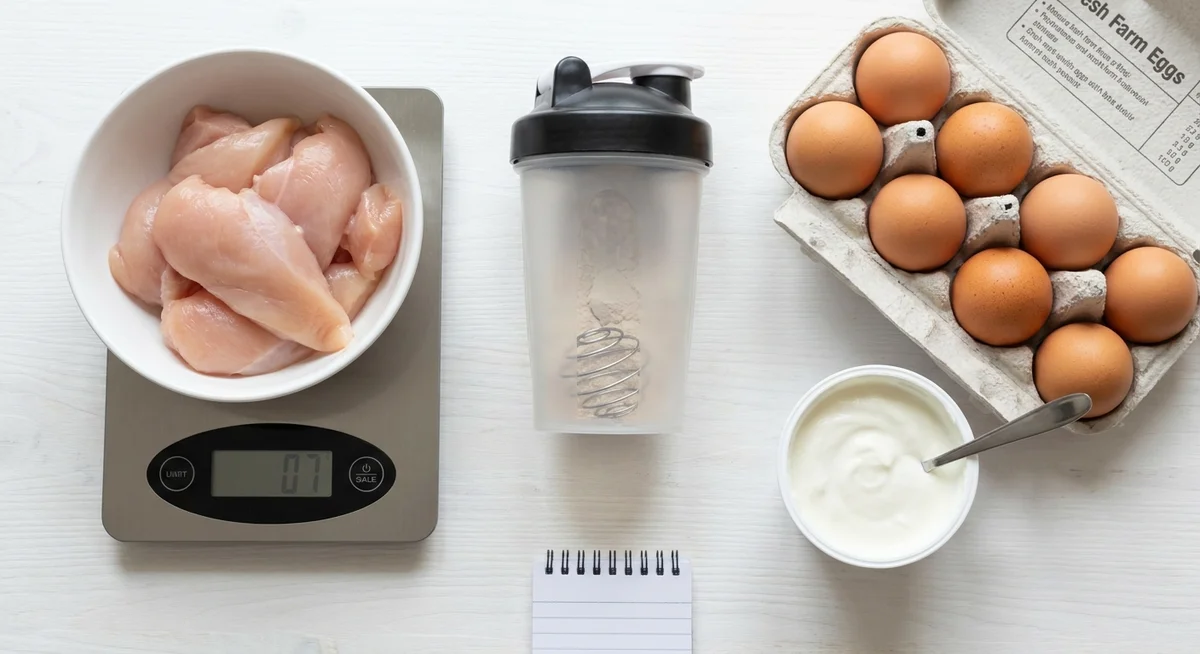 High-protein foods and a protein shaker arranged on a white surface for meal planning in a calorie deficit