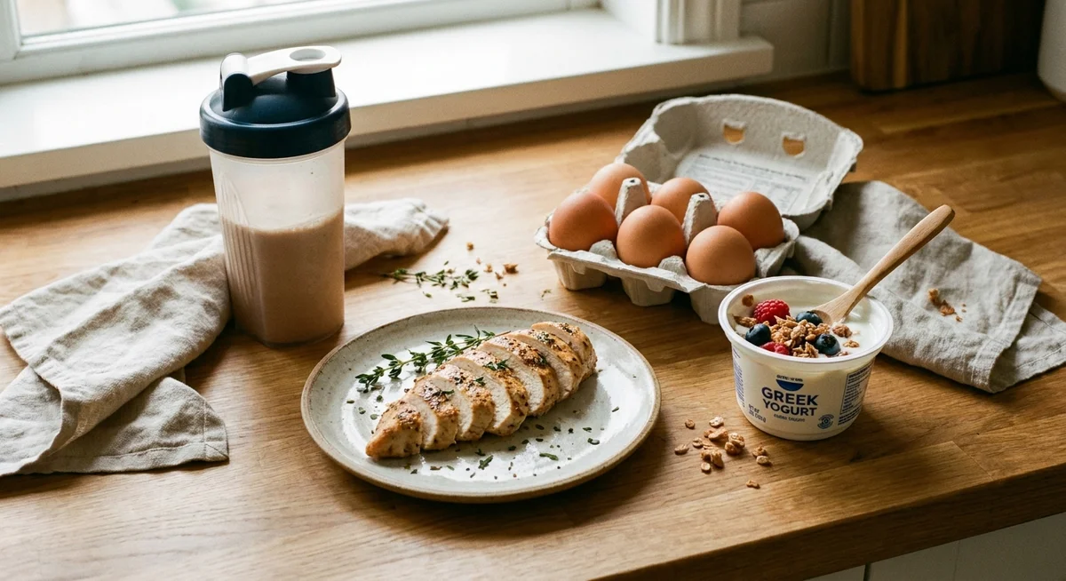 High-protein foods and a protein shaker arranged on a kitchen counter