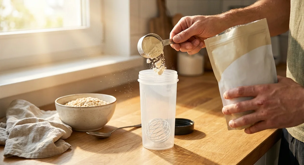 Person scooping protein powder into a shaker cup before a morning workout