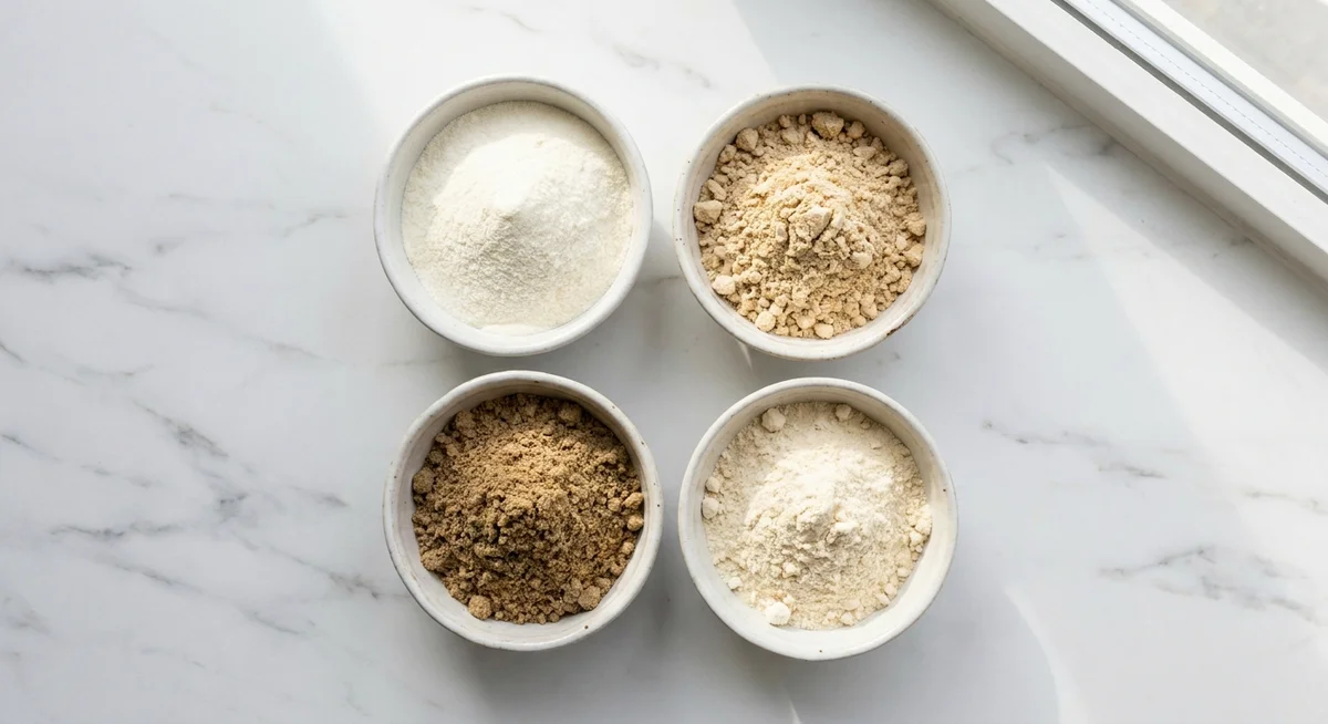 Four types of protein powder in bowls showing whey, pea, hemp, and casein varieties