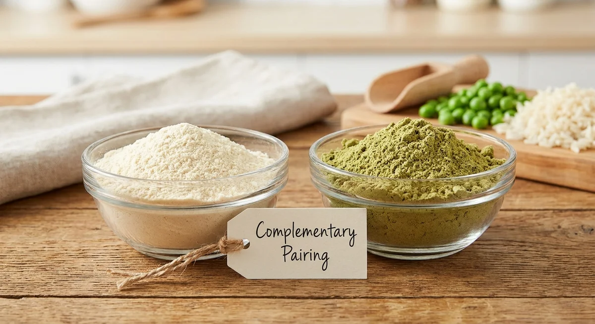 Rice protein powder and pea protein powder side by side showing complementary amino acid pairing