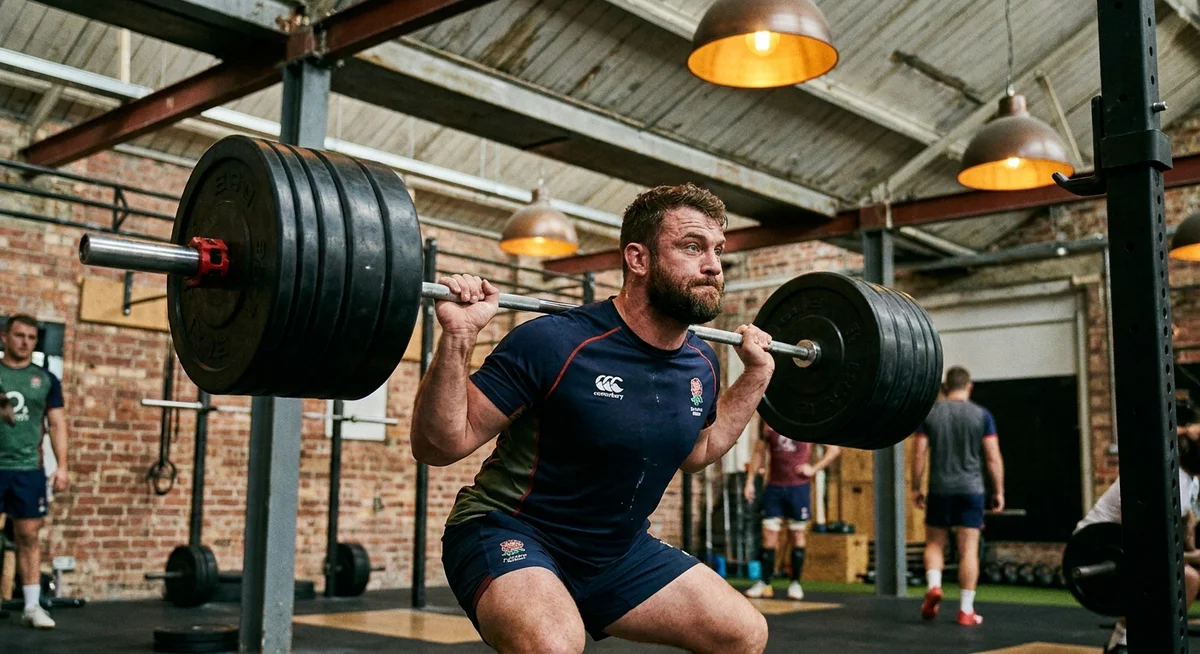 Rugby player squatting heavy in the gym during pre-season strength training