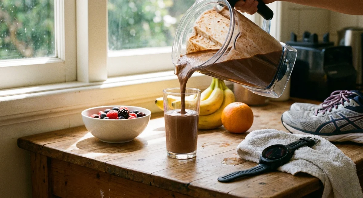 Post-run protein shake being prepared in a kitchen after a training session