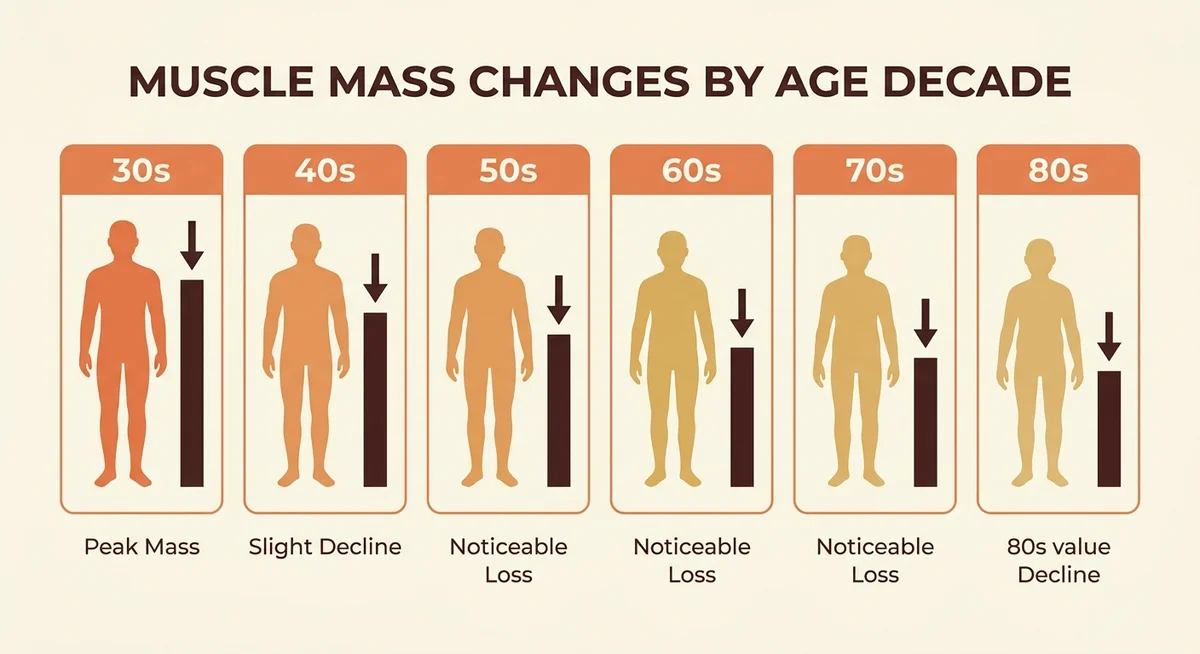 Diagram showing how muscle mass gradually declines with age, illustrating sarcopenia