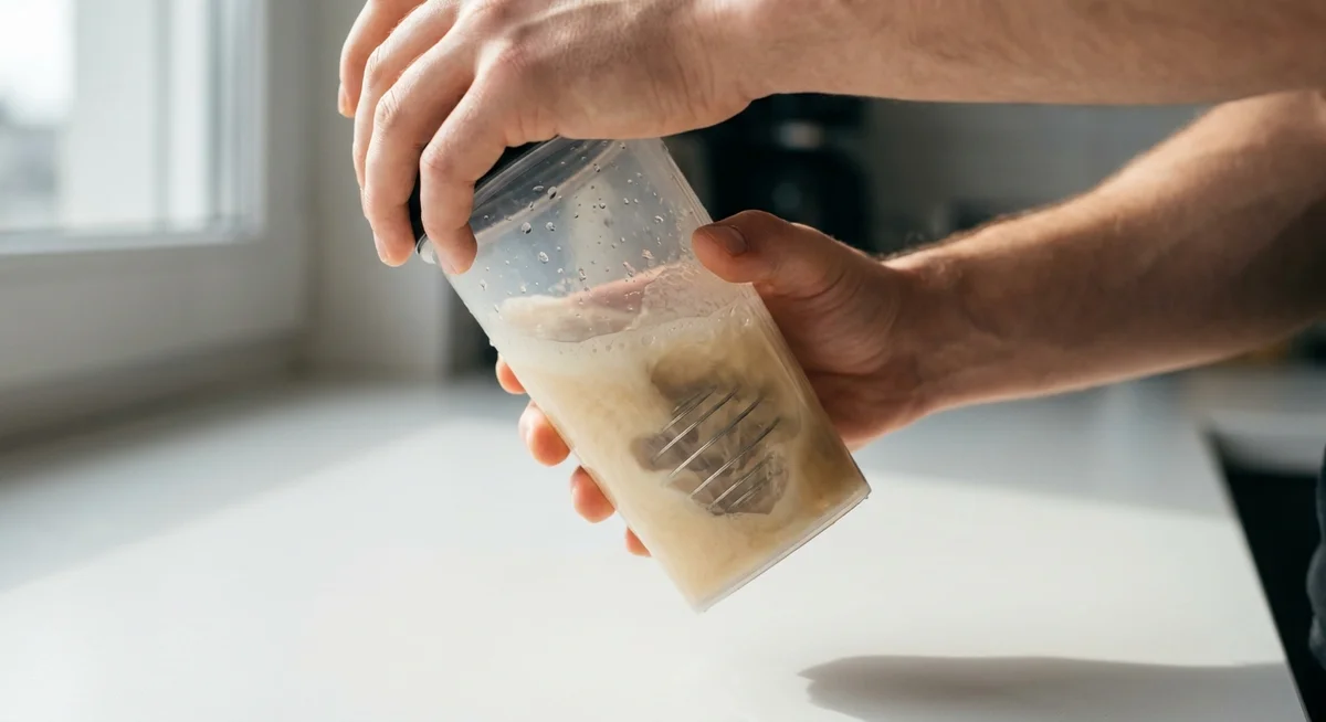 Shaking a protein shaker with a wire mixing ball to blend protein powder smoothly