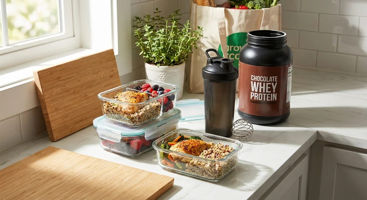 Meal prep containers and a protein shaker on a kitchen bench for shift worker nutrition planning