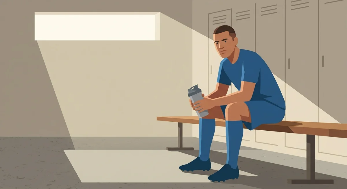 Soccer player drinking a protein shake after a match in the locker room