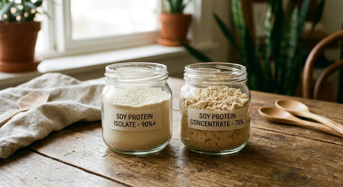 Soy protein isolate powder next to soy protein concentrate powder in glass jars