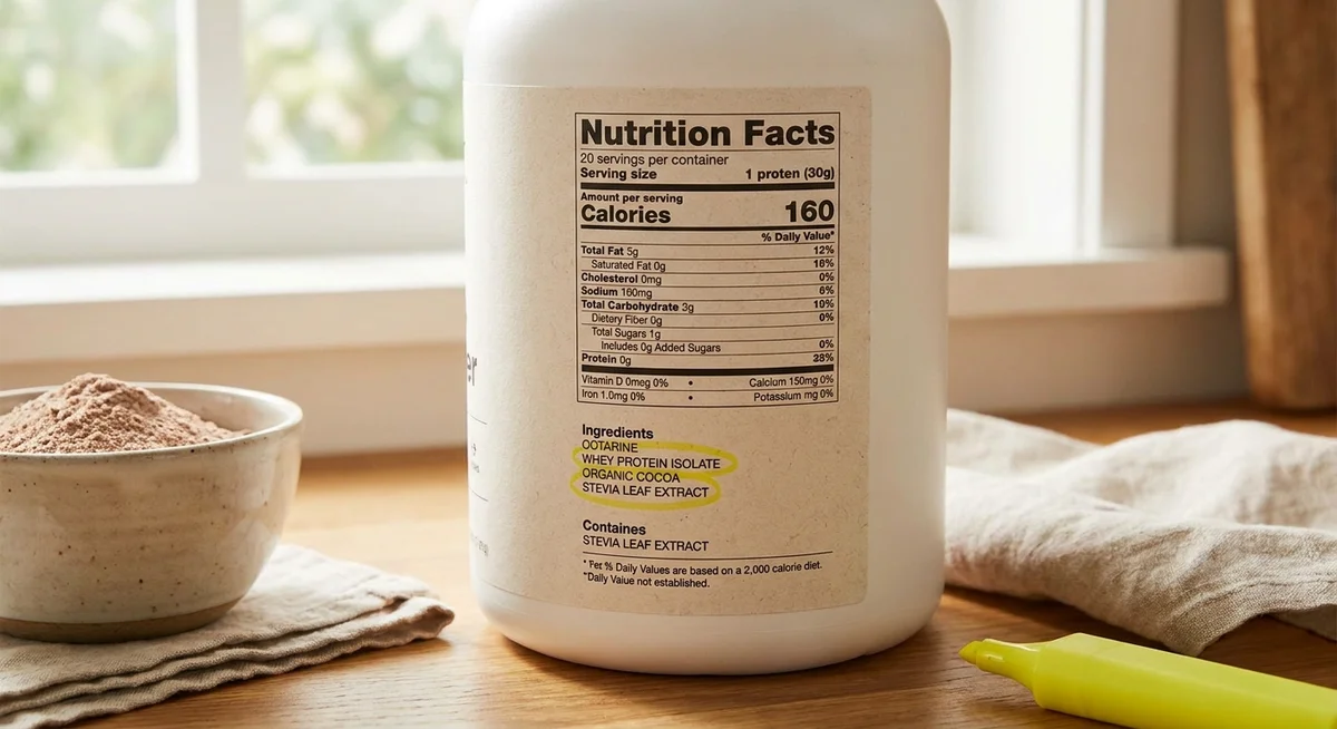 Close-up of a strawberry protein powder nutrition label showing ingredients and macros