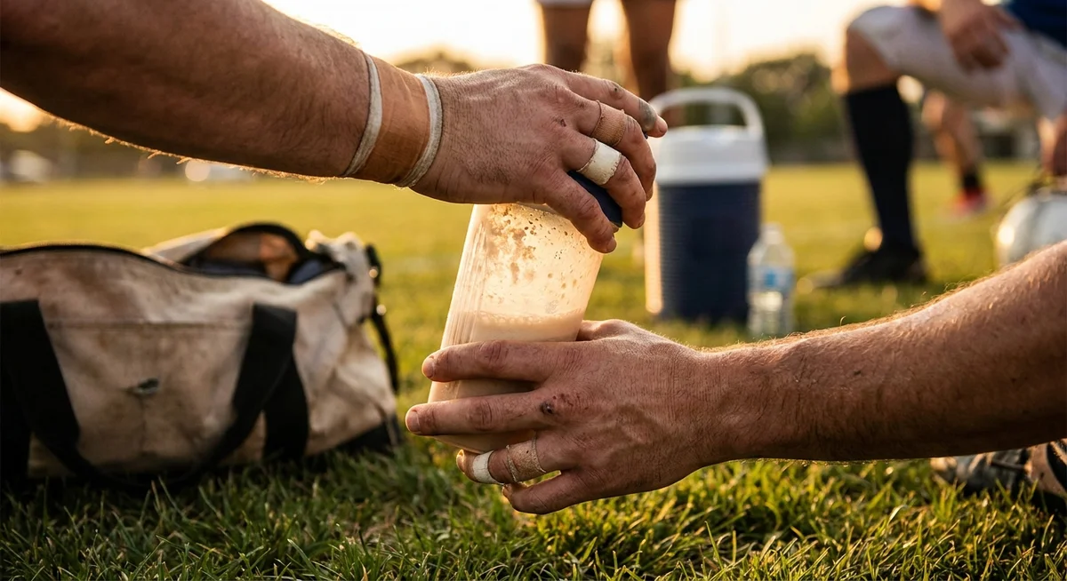 Athlete preparing a post-training protein shake on the sideline