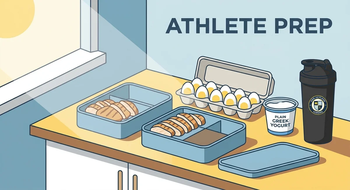 Teenage athlete meal prep with whole food protein sources and a protein shake beside them