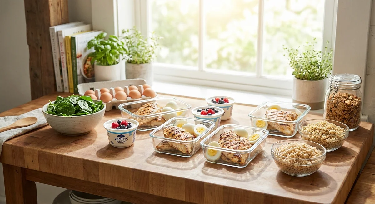 High-protein whole foods including chicken, eggs, and Greek yoghurt that teenage athletes can use to meet daily protein needs