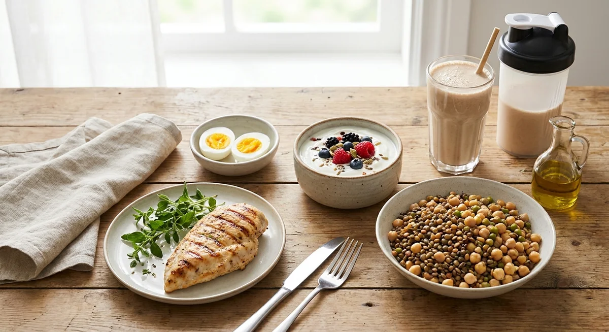 High-protein foods suitable for teenagers including chicken, eggs, yogurt, legumes, and a protein shake