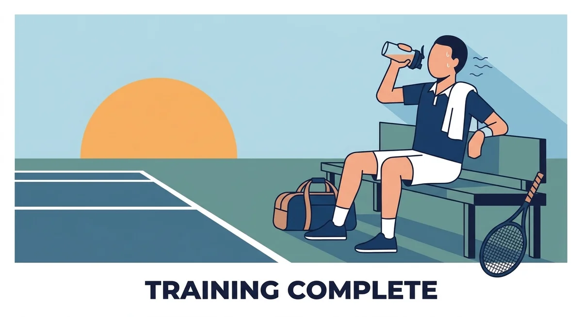 Tennis player drinking a protein shake after a training session on an outdoor hard court
