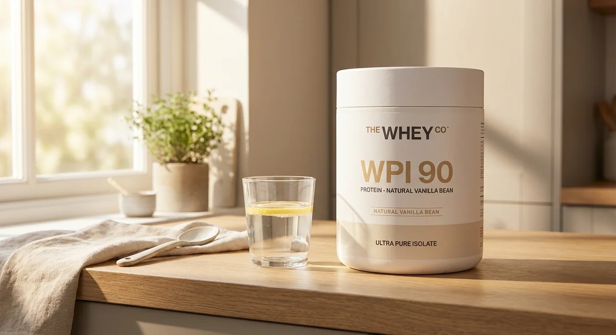 The Whey Co WPI 90 protein powder in a kitchen setting
