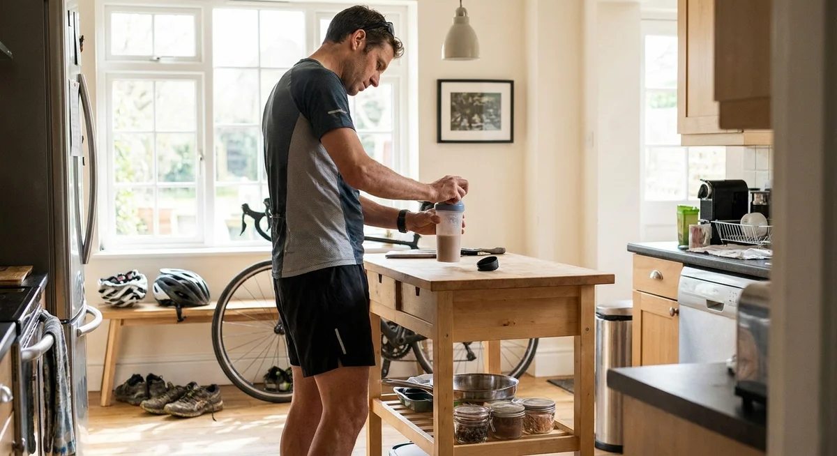 Triathlete preparing a post-training protein shake after a morning session