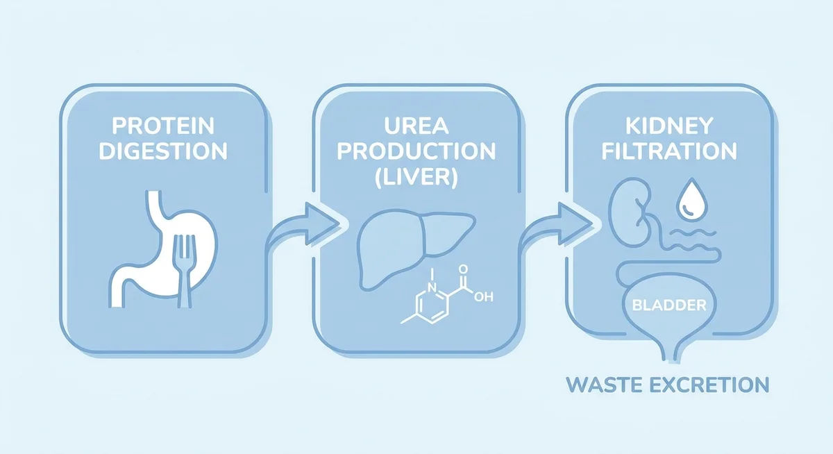 Diagram showing how protein metabolism produces urea that the kidneys filter using water