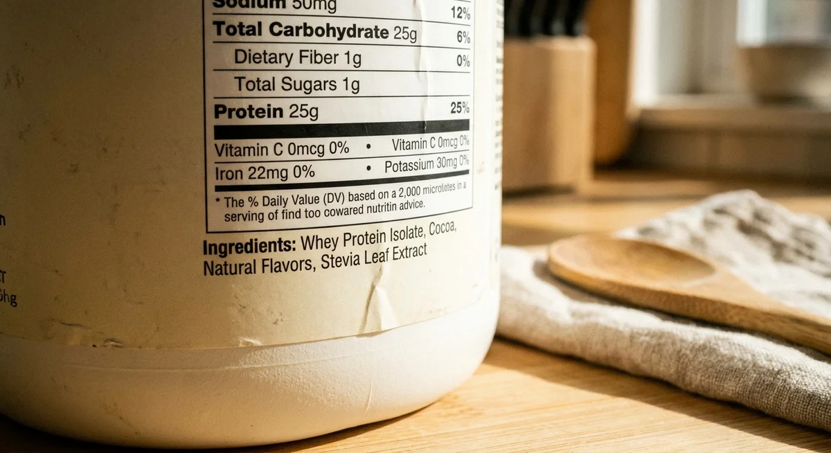 Nutrition label on a vanilla protein powder tub showing protein content and ingredients