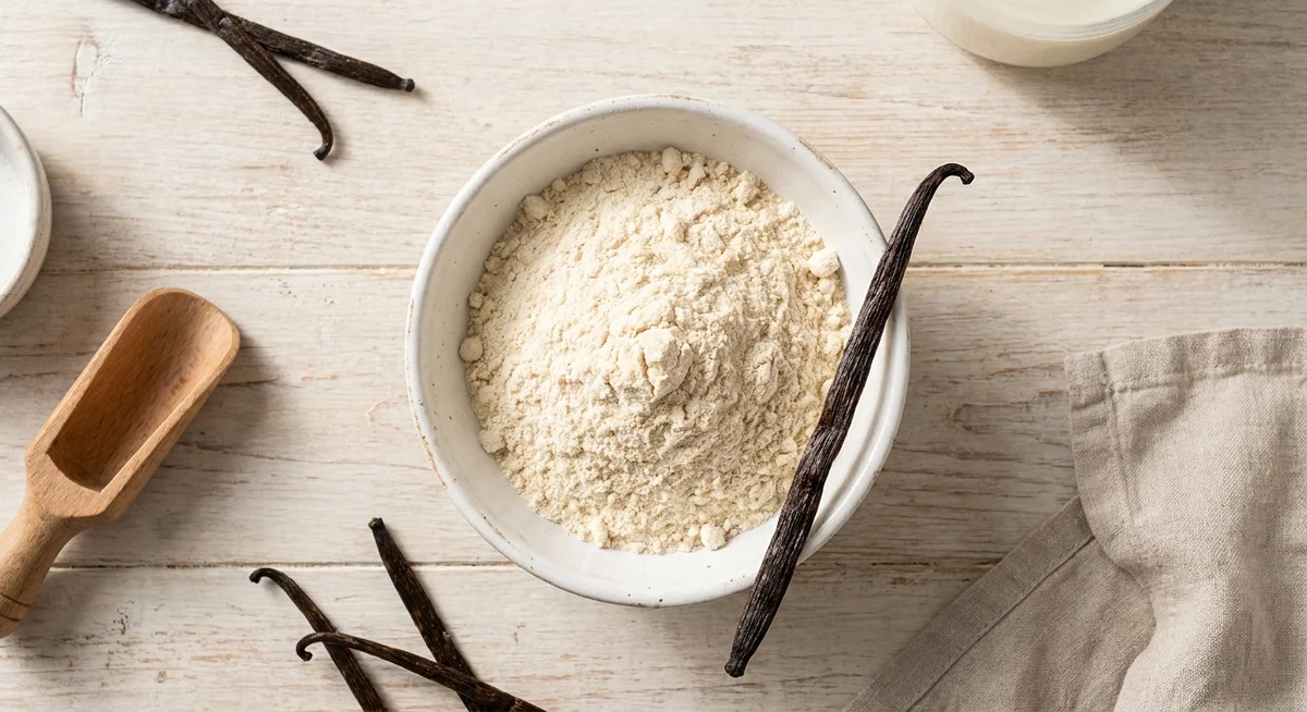 Vanilla protein powder in a ceramic bowl with a whole vanilla bean pod, photographed on a white marble surface