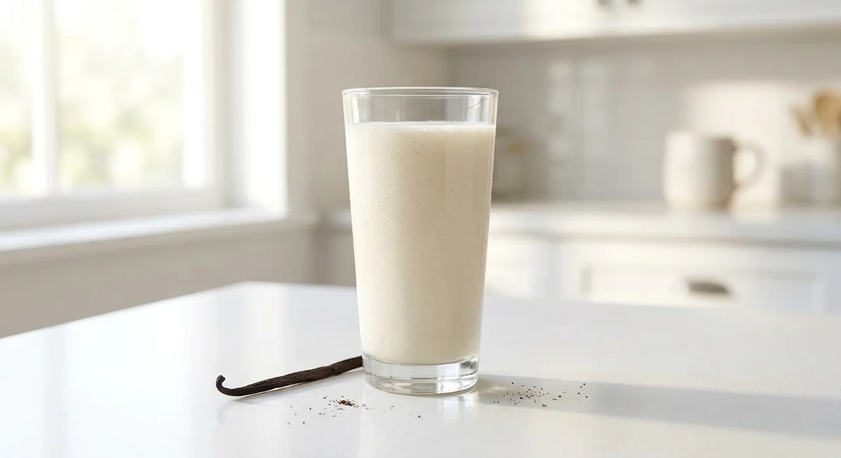 Vanilla protein shake in a tall glass on a white kitchen counter with a vanilla bean pod