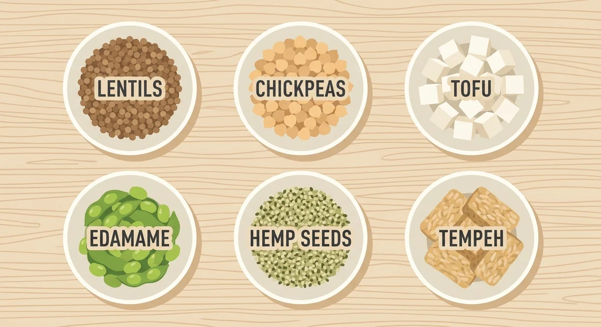 Six bowls of plant-based protein sources including lentils, chickpeas, tofu, edamame, hemp seeds and tempeh