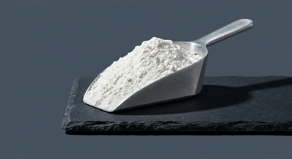 Close-up of a scoop of whey protein powder on a slate surface